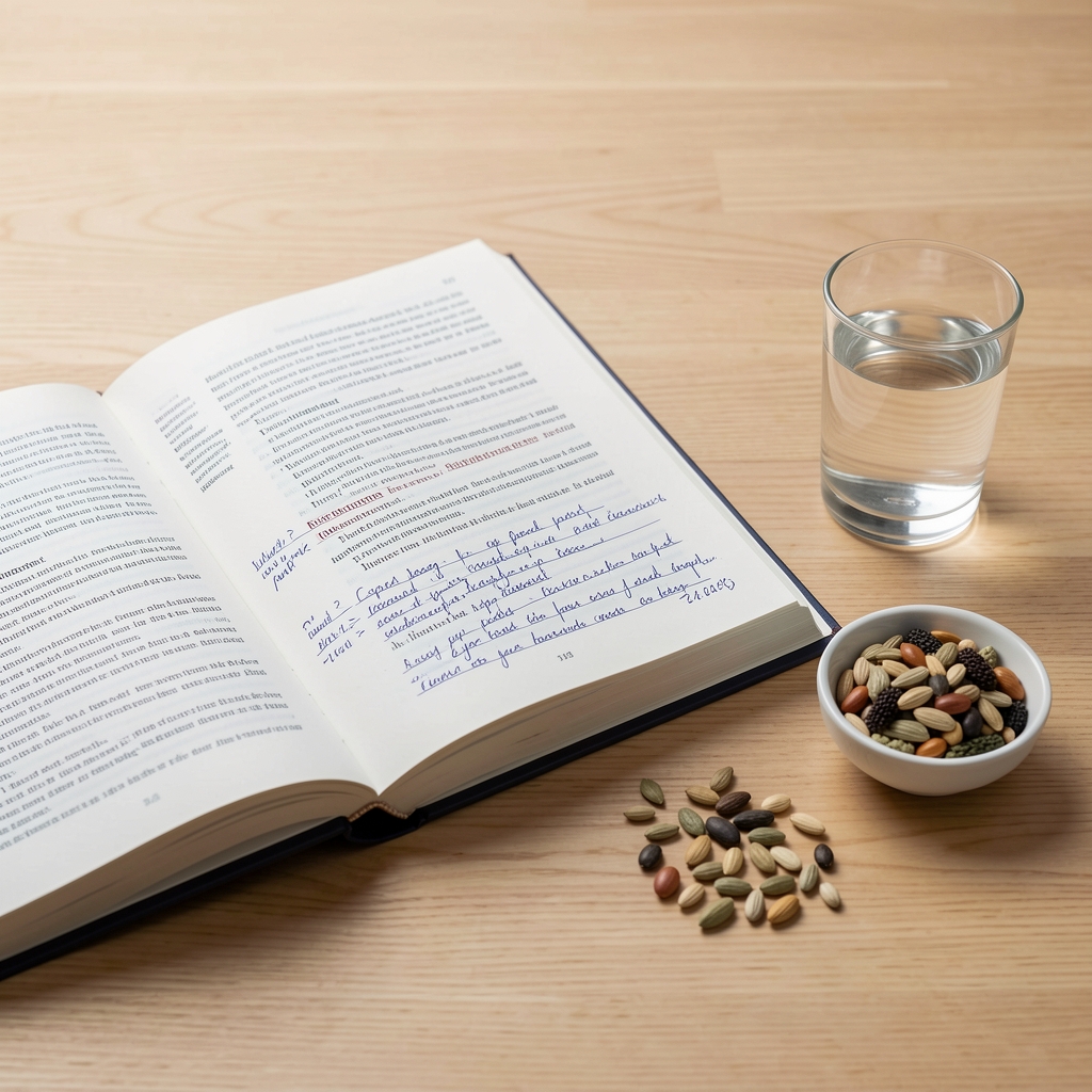 Open nutrition reference book with handwritten margin annotations beside a glass of water and small dish of mixed seeds on a clean wooden surface