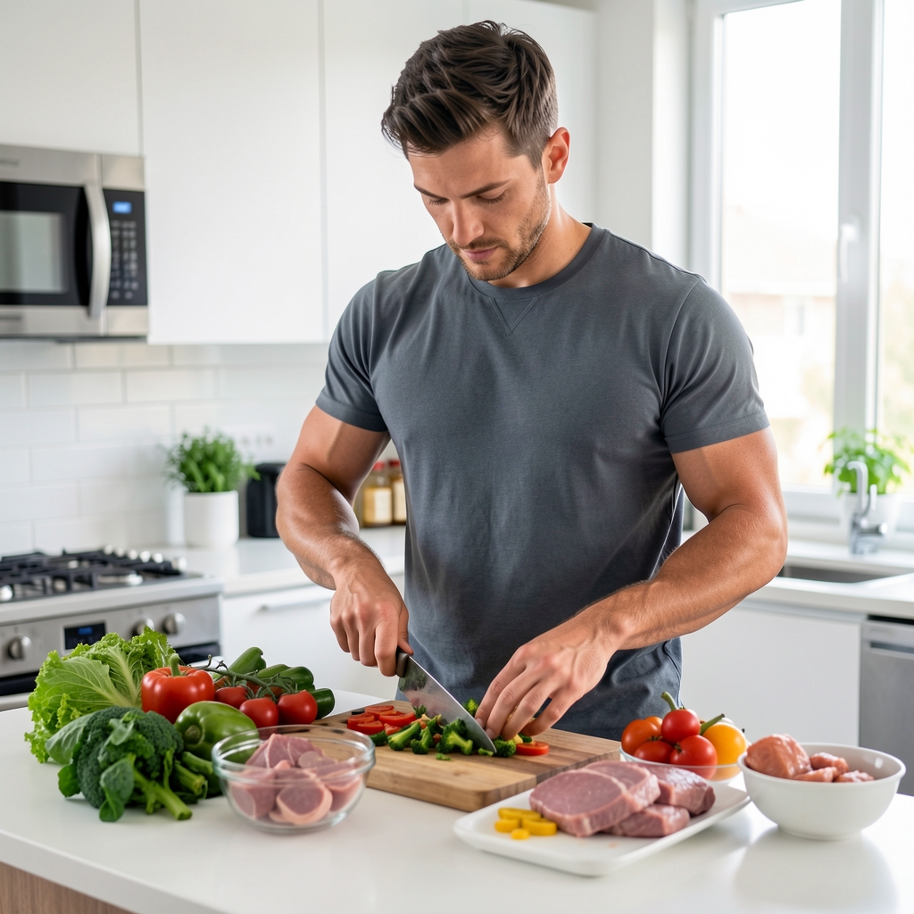 Athletic man in his thirties preparing a nutritious meal at a bright modern kitchen counter with fresh vegetables and protein sources
