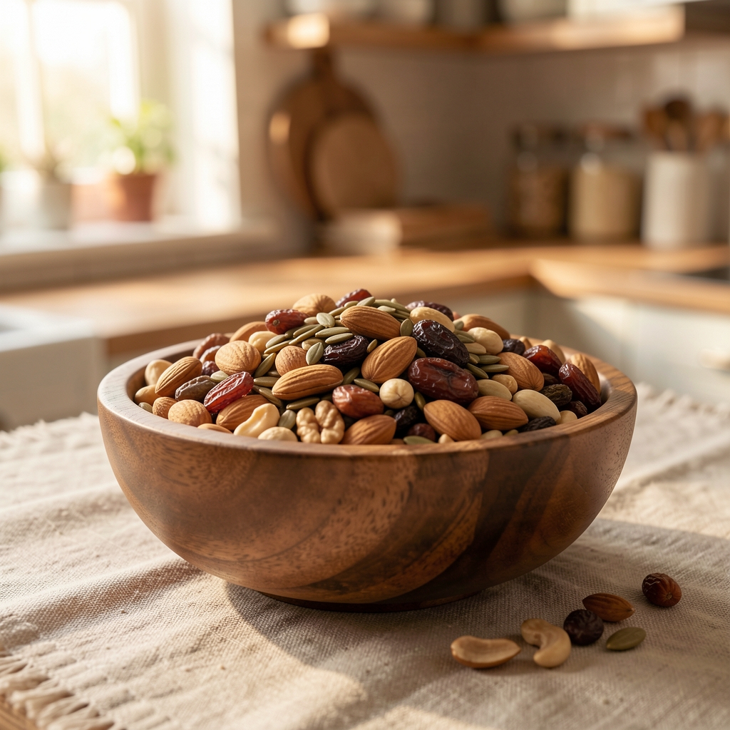 Close-up of a wooden bowl filled with mixed nuts, seeds, and dried legumes arranged on a linen tablecloth in a warm morning kitchen setting