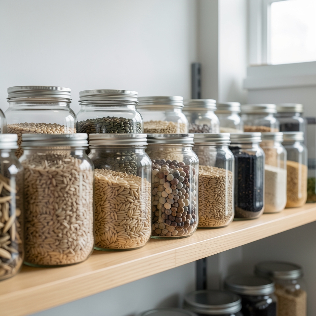 Rows of glass jars containing dried whole grains, legumes, and seeds arranged on a wooden shelf in a clean workspace with controlled lighting
