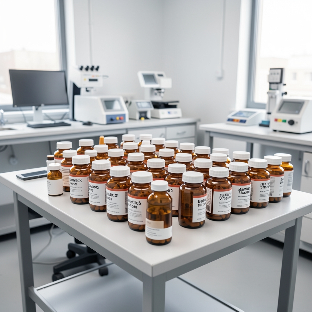 A quality-control workbench with batch-coded amber supplement containers arranged in rows under bright studio lighting in a clean workspace