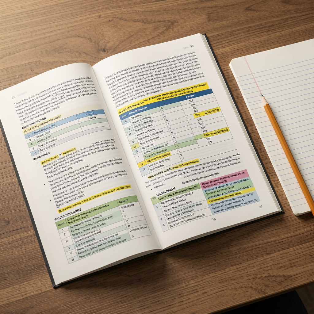 Open nutritional research journal with annotated tables and highlighted references laid flat on a desk beside a ruled notepad and pencil