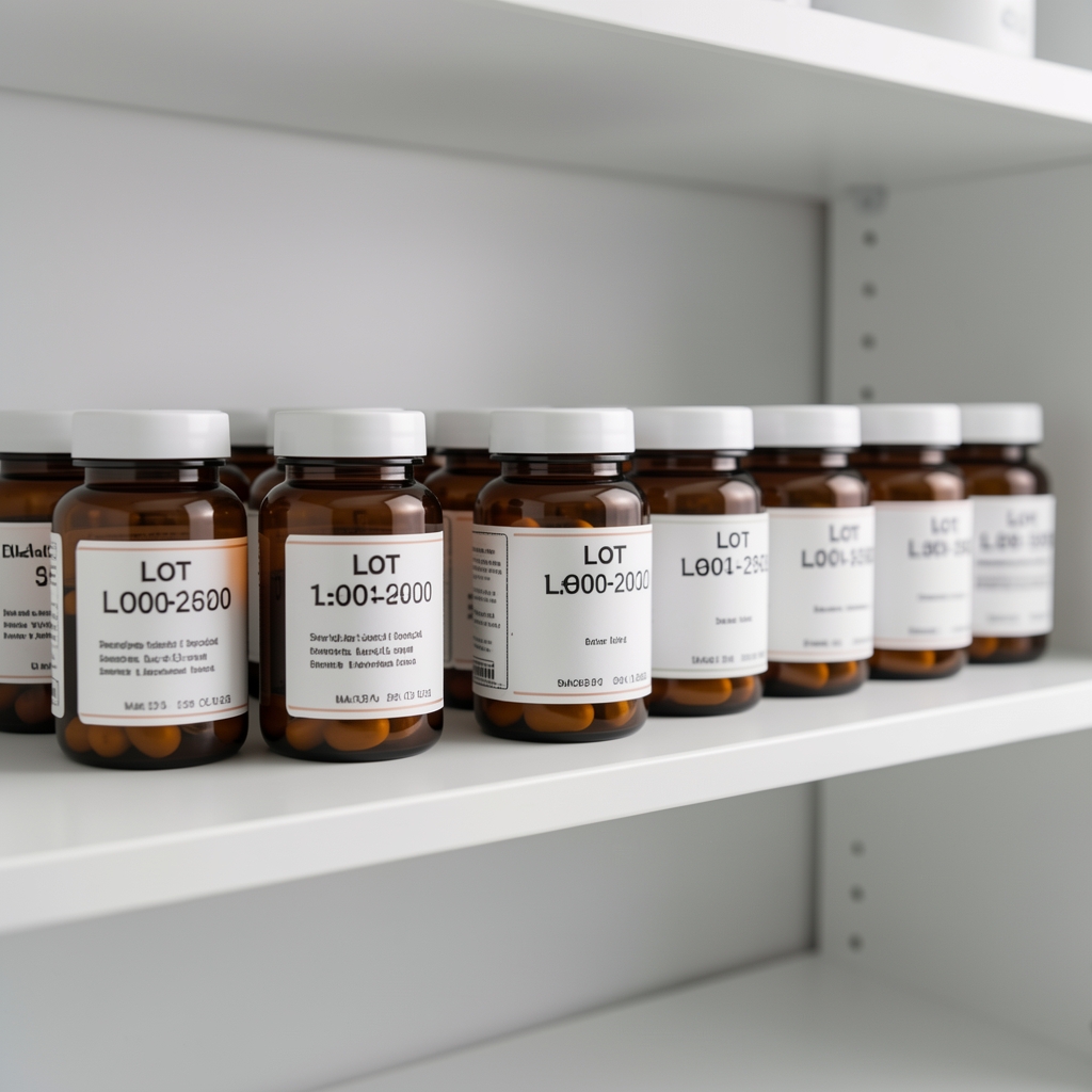 Row of amber supplement containers with printed lot codes arranged neatly on a white shelf in a quality-control environment with controlled studio lighting