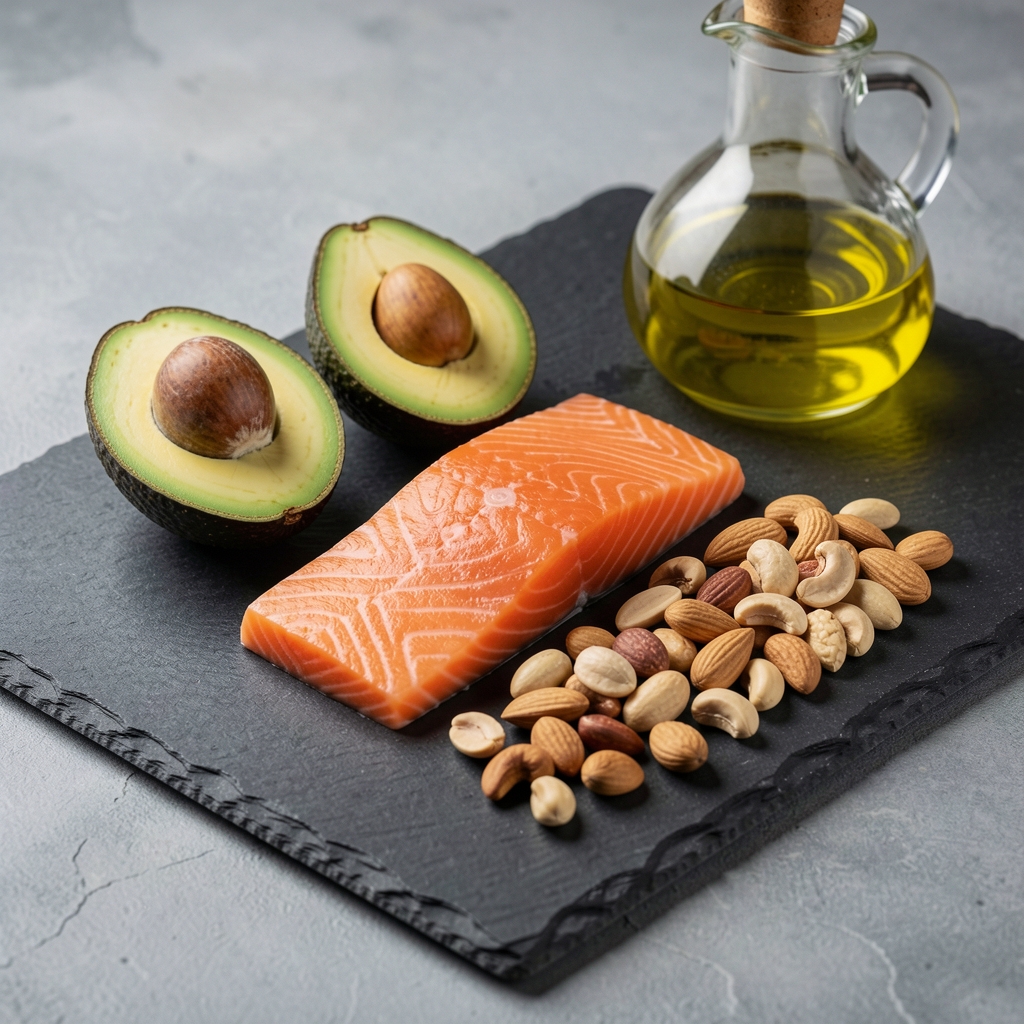 Avocado halves, salmon fillet, mixed nuts, and olive oil arranged on a dark slate board illustrating high-fat low-carbohydrate food composition for male dietary planning
